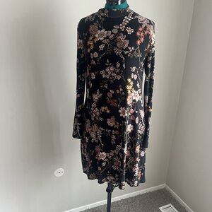 Black Floral Long-Sleeve Fit-and-Flare Dress